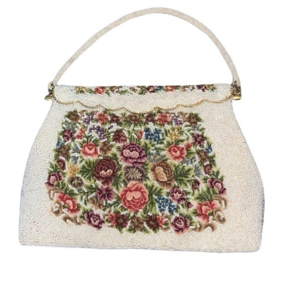Unique Vintage/Antique 1940’s/50’s Petit Point Beaded Tapestry Ivory Handbag